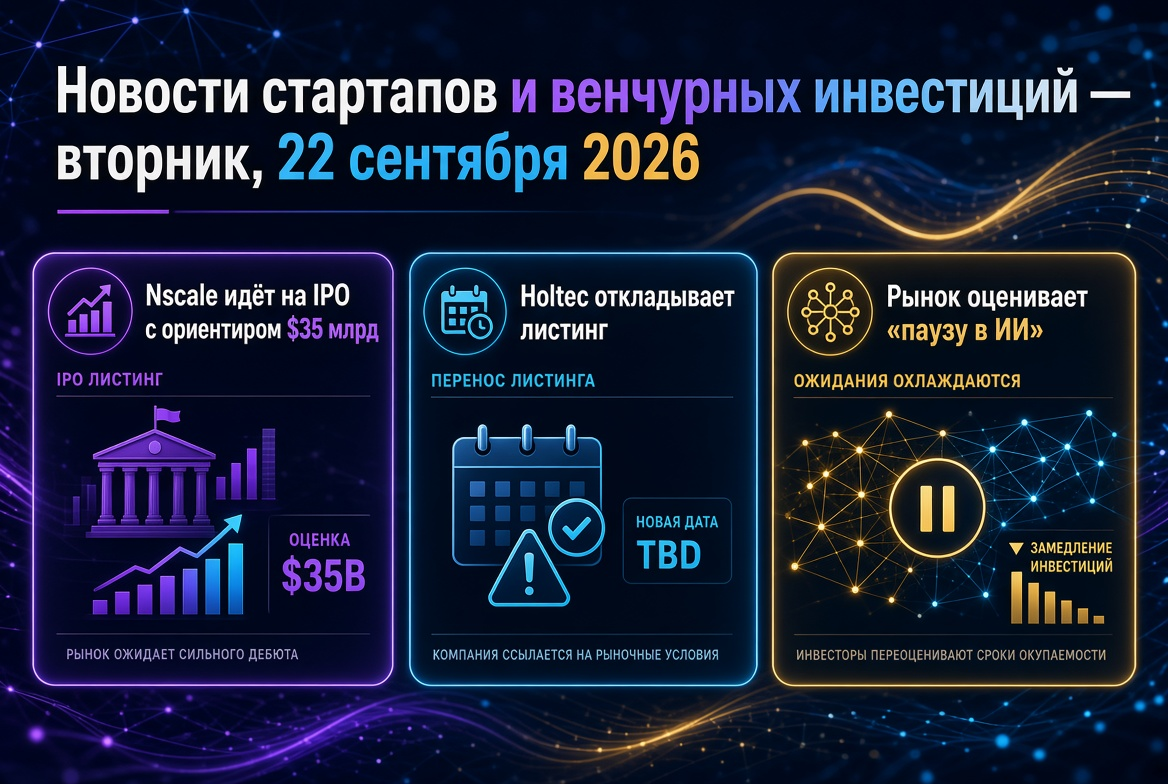 Notícias de startups e investimentos de risco — terça-feira, 22 de setembro de 2026: Nscale vai para IPO com previsão de $35 bilhões, Holtec adia listagem, mercado avalia "pausa na IA"