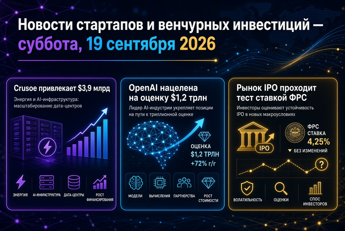 Notícias de startups e investimentos de risco — sábado, 19 de setembro de 2026: Crusoe atrai US$ 3,9 bilhões, OpenAI visa avaliação de US$ 1,2 trilhões, mercado de IPO passa teste da taxa do Fed