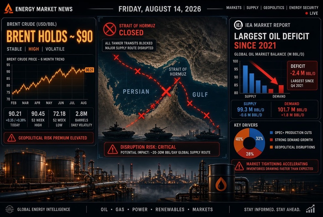 Notícias de petróleo e gás e energia — sexta-feira, 14 de agosto de 2026: Brent mantém-se a $90 em meio ao fechamento do Estreito de Ormuz; AIE registra o maior déficit de petróleo desde 2021
