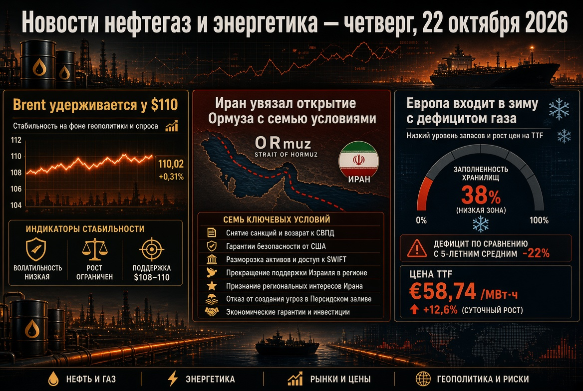 Notícias petróleo e gás e energia — quinta-feira, 22 de outubro de 2026: Brent se mantém em $110, Irã condiciona a abertura de Ormuz a sete condições, Europa entra no inverno com escassez de gás