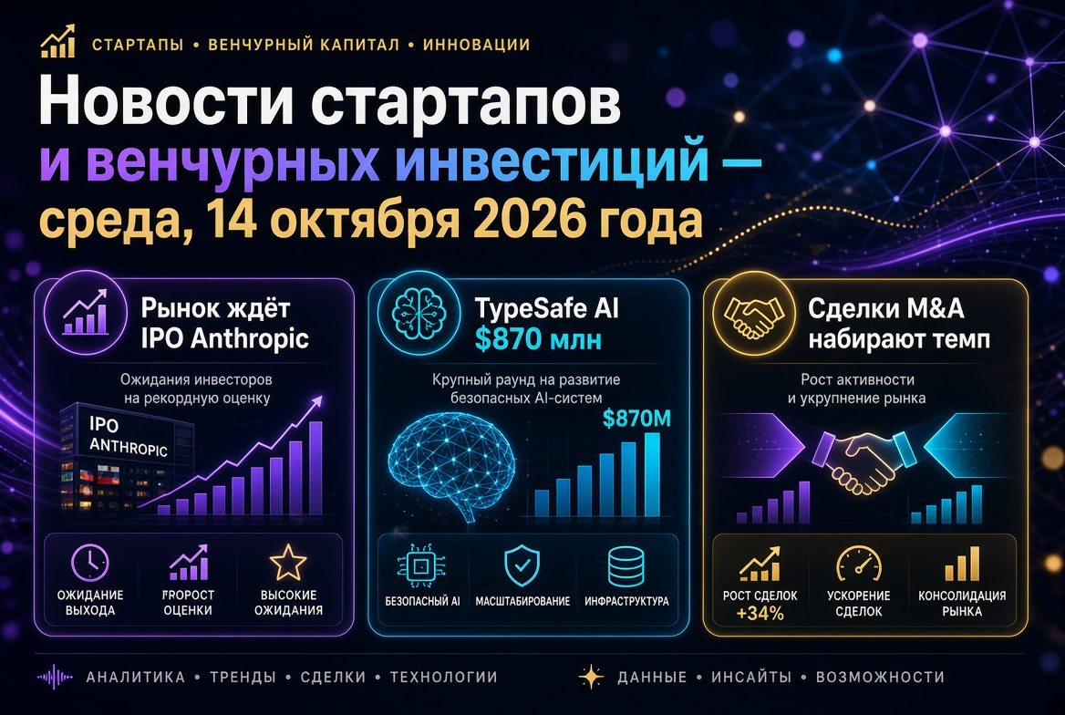 Notícias sobre startups e investimentos de risco - quarta-feira, 14 de outubro de 2026: mercado aguarda o IPO da Anthropic, TypeSafe AI capta $870 milhões, negócios de M&A ganham ritmo.