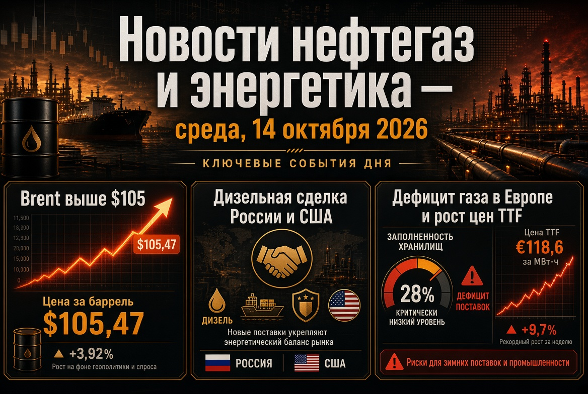 Notícias do setor de petróleo e gás — quarta-feira, 14 de outubro de 2026: Brent acima de $105, acordo de diesel da Rússia e EUA, escassez de gás na Europa