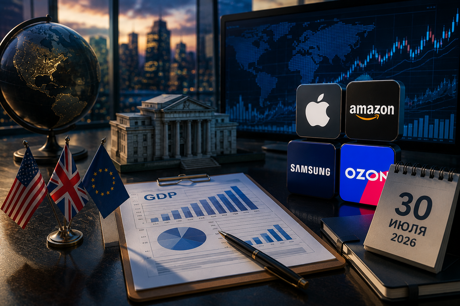 Eventos econômicos e relatórios corporativos: quinta-feira, 30 de julho de 2026 — PIB dos EUA, decisão do Banco da Inglaterra, relatórios da Apple, Amazon, Samsung e Ozon.