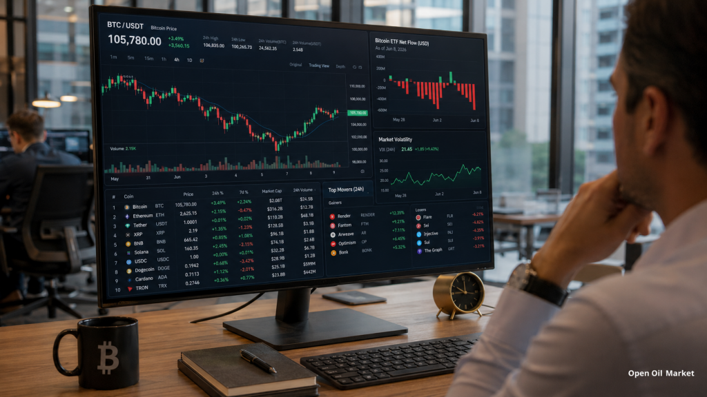 Notícias sobre Criptoativos, terça-feira, 9 de junho de 2026: bitcoin mantém o mercado após queda, enquanto investidores avaliam saídas de ETFs, stablecoins e os 10 principais ativos digitais.