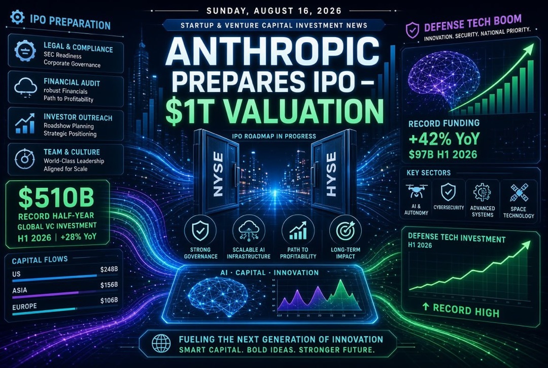 Notícias de startups e investimentos de risco — domingo, 16 de agosto de 2026: Anthropic prepara IPO de US$ 1 trilhão, recordes de US$ 510 bilhões no semestre e boom em tecnologias de defesa