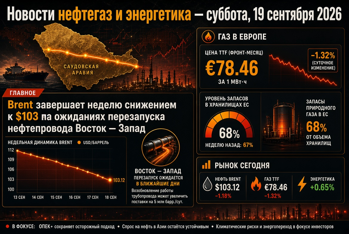 Notícias de petróleo e gás - sábado, 19 de setembro de 2026: Brent fecha a semana com queda para $103 com expectativas de reinício do oleoduto Leste-Oeste, gás na Europa em torno de €78 com estoques a 68%