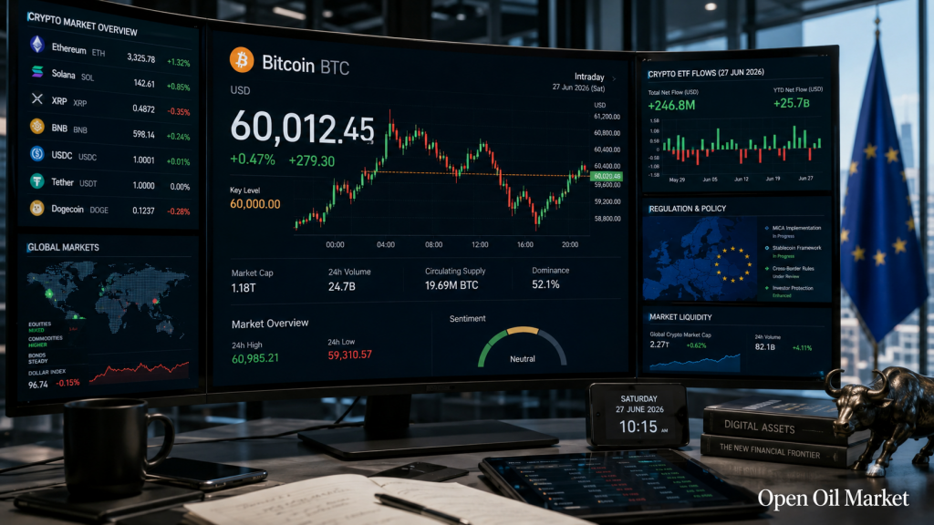 Mercado global de criptomoedas em 27 de junho de 2026: Bitcoin, Ethereum, fluxos de ETF, stablecoins e regulamentação MiCA