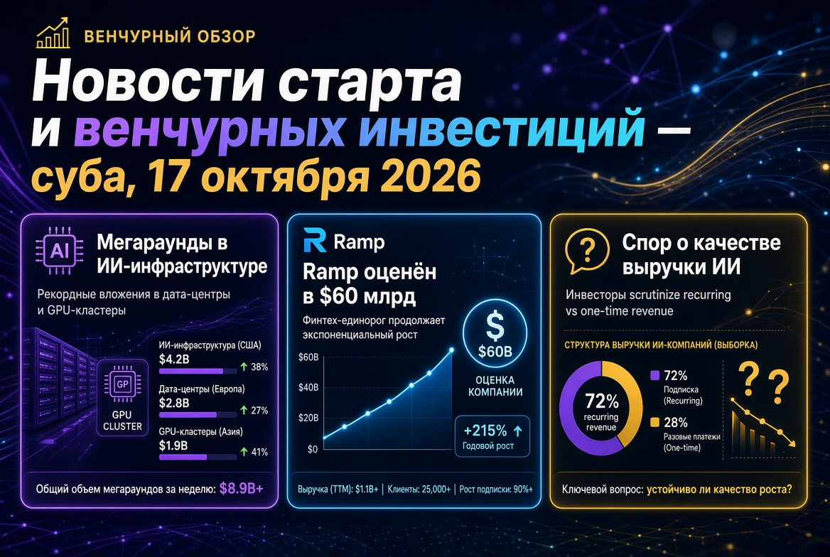 Notícias sobre startups e investimentos de risco — sábado, 17 de outubro de 2026: megaraunfs na infraestrutura de IA, Ramp avaliada em $60 bilhões e a controvérsia sobre a qualidade da receita de IA