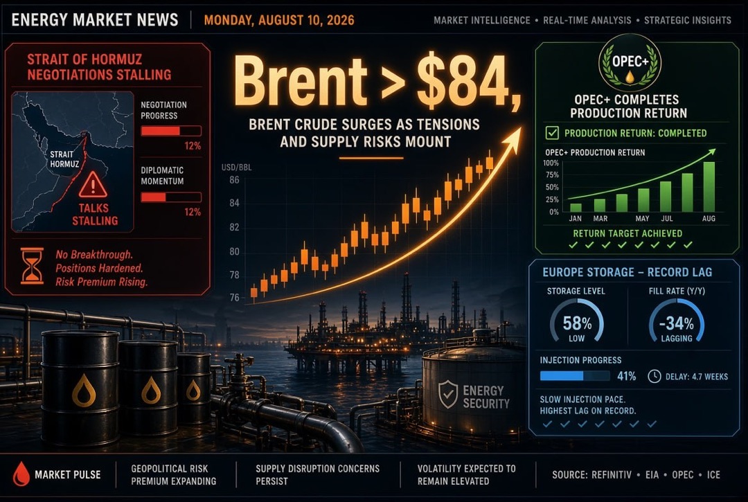 Notícias de petróleo e gás e energia — segunda-feira, 10 de agosto de 2026: negociações sobre o Estreito de Ormuz empacaram, Brent acima de $84, OPEP+ concluiu o retorno da produção, Europa preenche armazéns com um recorde de atraso