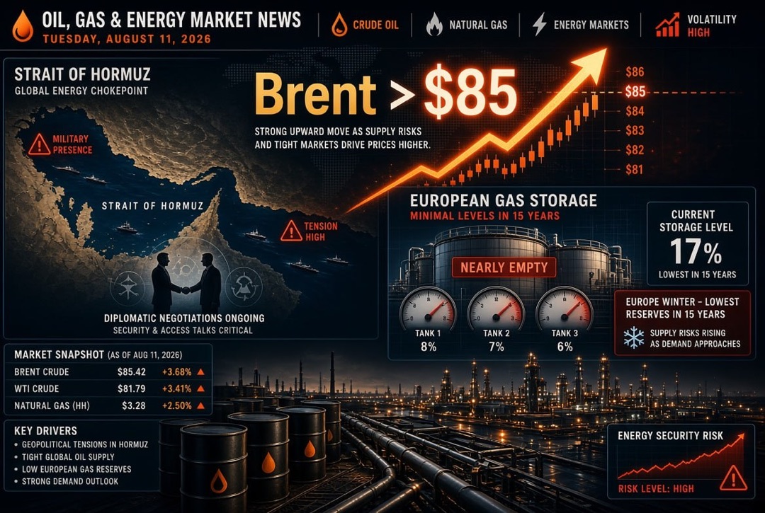 Notícias de petróleo e gás e energia - terça-feira, 11 de agosto de 2026: Brent ultrapassa $85 em meio à negociação em torno do Estreito de Ormuz, Europa enfrenta um inverno com as menores reservas de gás em 15 anos