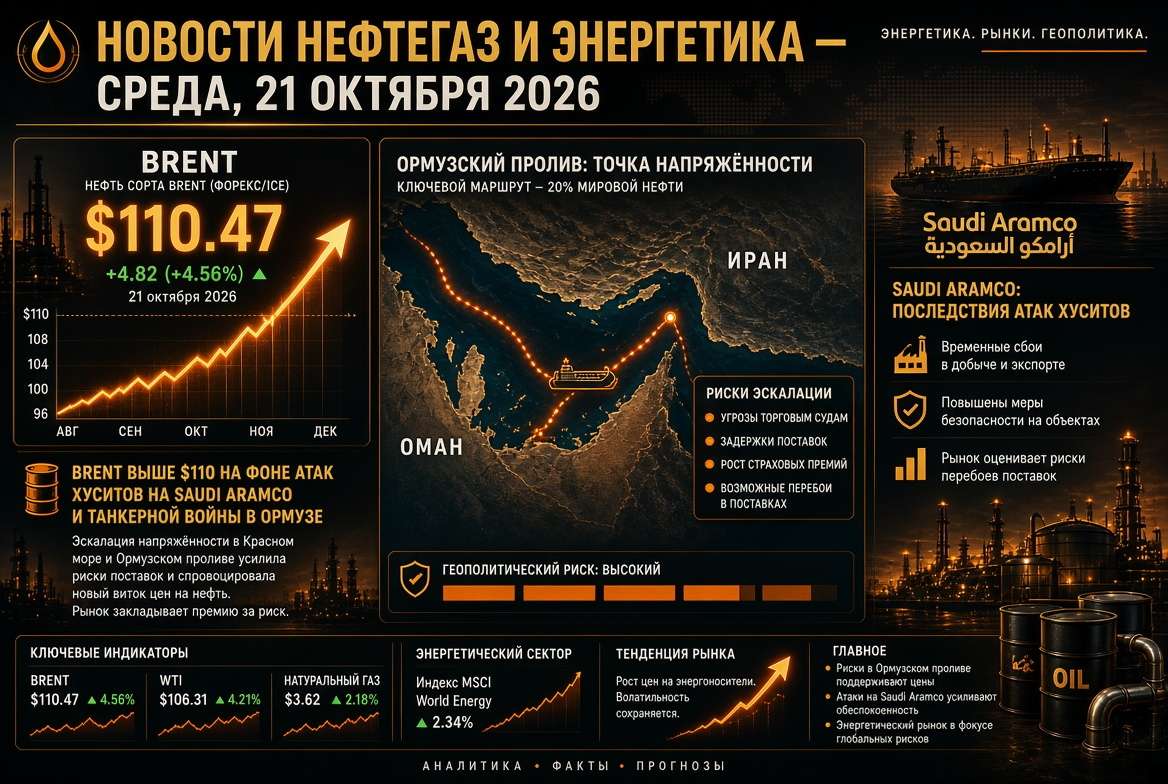 Notícias de petróleo e gás — quarta-feira, 21 de outubro de 2026: Brent acima de US$ 110 em meio a ataques dos houthis à Saudi Aramco e guerra de petroleiros em Ormuz