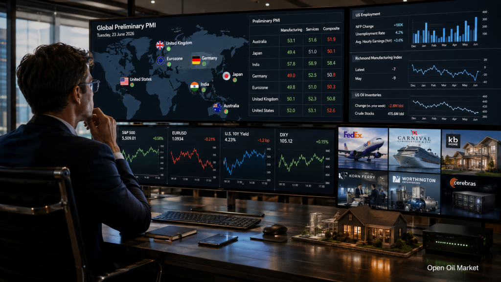 Eventos Econômicos e Relatórios Corporativos: terça-feira, 23 de junho de 2026 - PMI globais, mercado de trabalho dos EUA, FedEx, Carnival e KB Home
