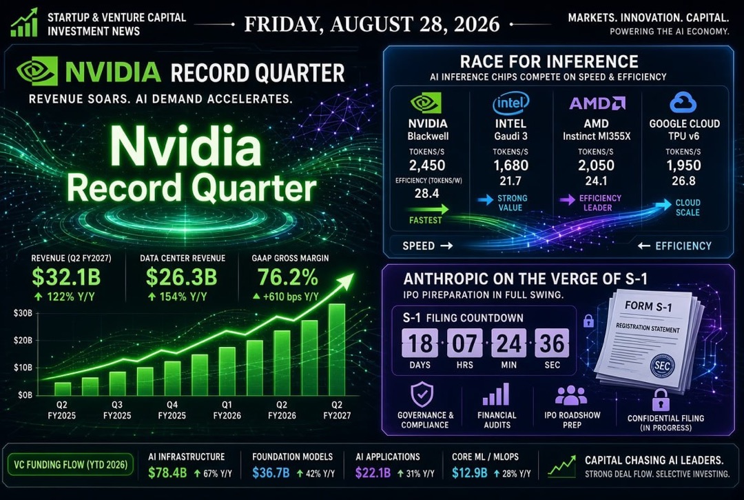 Notícias de startups e investimentos de risco — sexta-feira, 28 de agosto de 2026: trimestre recorde da Nvidia, corrida por inferência e Anthropic à beira do S-1 público
