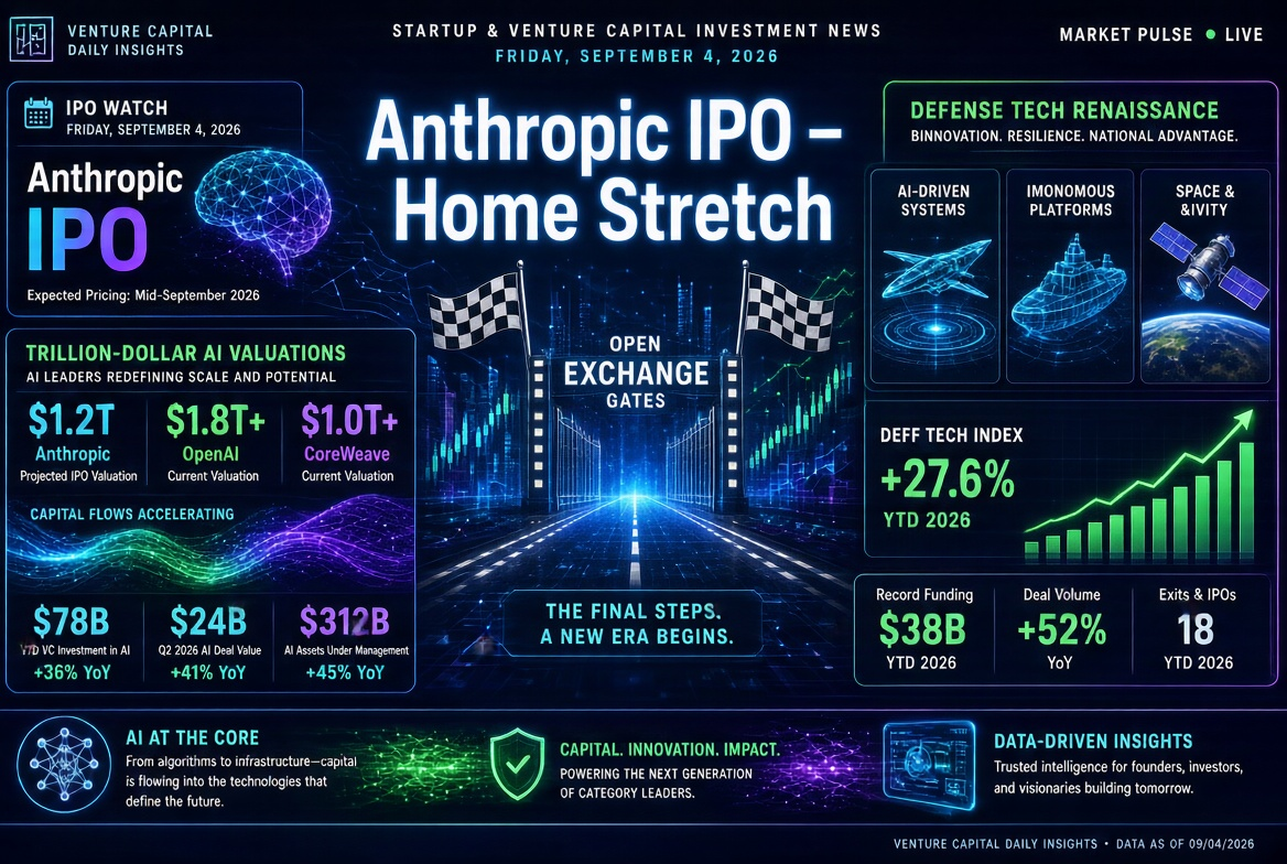 Notícias de startups e investimentos de risco — sexta-feira, 4 de setembro de 2026: a reta final da IPO da Anthropic, avaliações trilhionárias em IA e renascimento das tecnologias de defesa