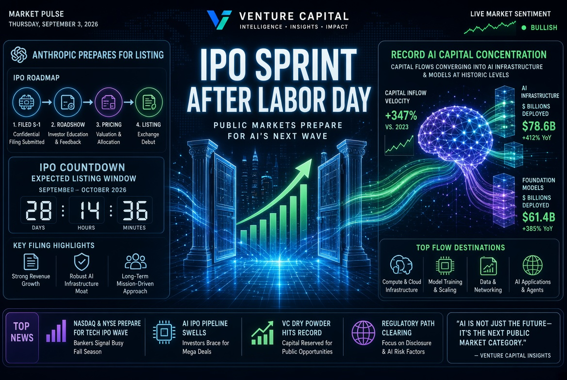 Notícias sobre startups e investimentos de risco — quinta-feira, 3 de setembro de 2026: corrida de IPO após o Dia do Trabalho, preparação da Anthropic para listagem e concentração recorde de capital em IA