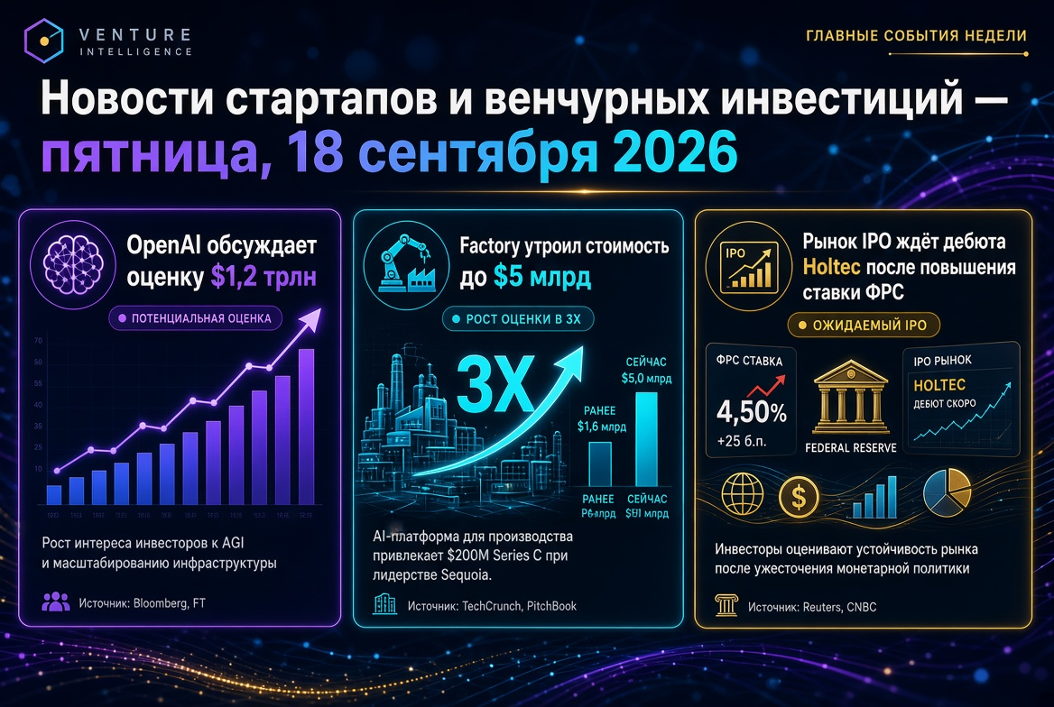 Notícias de Startups e Investimentos de Risco — Sexta-feira, 18 de Setembro de 2026: OpenAI discute avaliação de $1,2 trilhões, Factory triplica valor para $5 bilhões, Mercado de IPO espera estreia da Holtec após aumento da taxa do Fed
