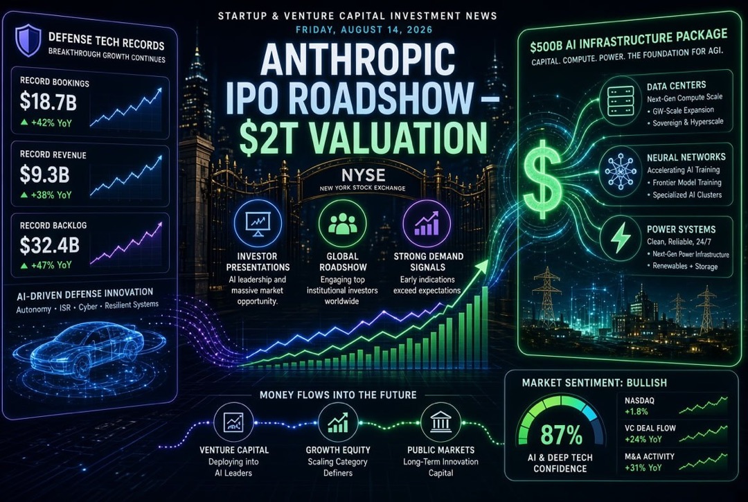 Notícias sobre startups e investimentos em venture capital — sexta-feira, 14 de agosto de 2026: roadshow do IPO da Anthropic de US$ 2 trilhões, pacote de US$ 500 bilhões para infraestrutura de IA e recordes em tecnologias de defesa