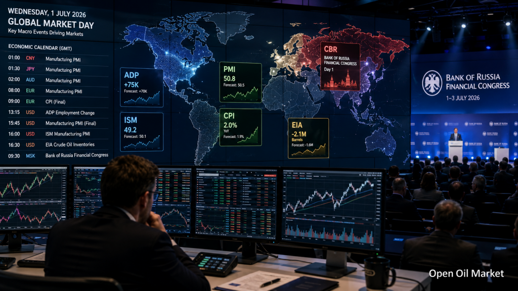Calendário econômico do investidor para 1º de julho de 2026: PMI, inflação, mercado de trabalho dos EUA, petróleo e Banco da Rússia