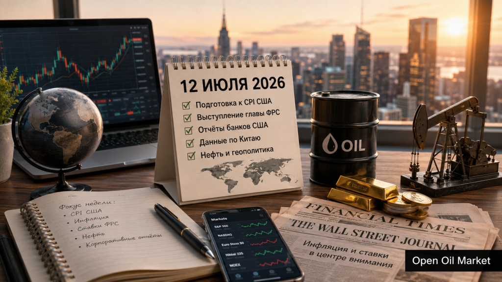 Calendário financeiro global em 12 de julho de 2026 com CPI dos EUA, relatórios bancários, petróleo e índices S&P 500, Euro Stoxx 50, Nikkei 225 e MOEX
