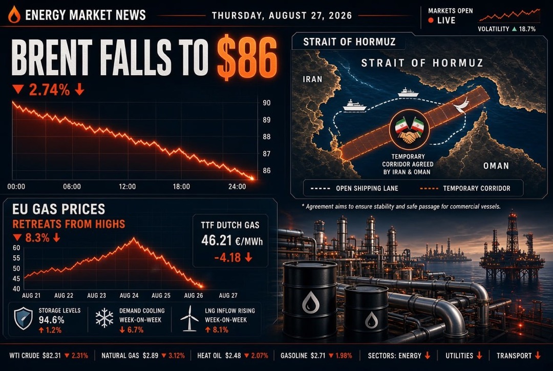 Notícias sobre petróleo e energia - quinta-feira, 27 de agosto de 2026: Irã e Omã concordaram com um corredor temporário no Estreito de Ormuz, Brent caiu para US$ 86, gás na Europa recua de máximos