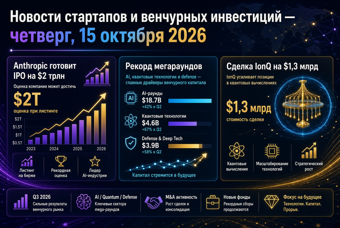 Notícias sobre startups e investimentos de risco — quinta-feira, 15 de outubro de 2026: Anthropic prepara IPO de $2 trilhões, rodadas megarecorde e negócio da IonQ de $1,3 bilhões