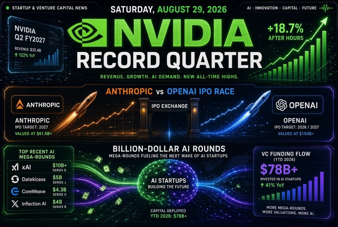 Notícias de startups e investimentos — sábado, 29 de agosto de 2026: trimestre recorde da Nvidia, corrida pelo IPO da Anthropic e OpenAI e rodadas de AI bilionárias.