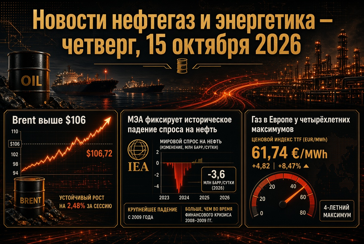 Notícias de petróleo e gás e energia — quinta-feira, 15 de outubro de 2026: Brent acima de $106, AIE registra queda histórica na demanda por petróleo, gás na Europa em máximas de quatro anos.