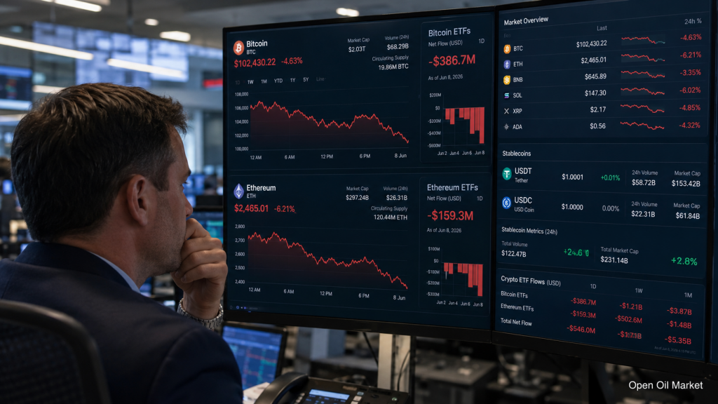 Mercado de criptomoedas 8 de junho de 2026: Bitcoin sob pressão, Ethereum em queda, stablecoins fortalecem posições.
