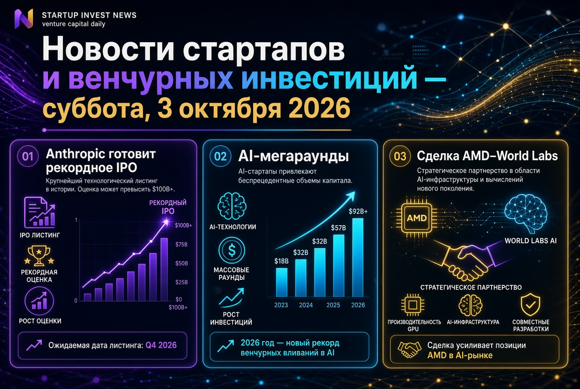 Notícias de startups e investimentos — sábado, 3 de outubro de 2026: Anthropic se prepara para um IPO recorde, megaciclos de AI e o acordo AMD–World Labs