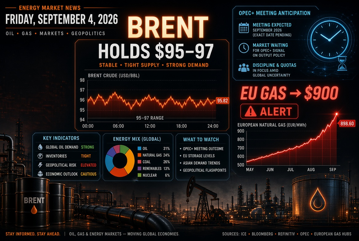 Notícias de petróleo e gás e energia - sexta-feira, 4 de setembro de 2026: Brent se mantém a US$ 95-97 aguardando a reunião da OPEP+, gás na Europa atinge US$ 900