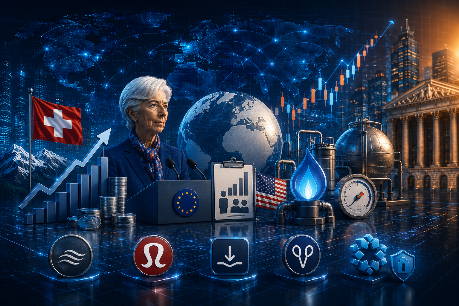 Eventos econômicos e relatórios corporativos de 4 de junho de 2026: IPC da Suíça, discurso de Lagarde, pedidos de auxílio-desemprego dos EUA, estoques de gás da EIA e relatórios da Ciena, Lululemon, DocuSign, Samsara e Rubrik