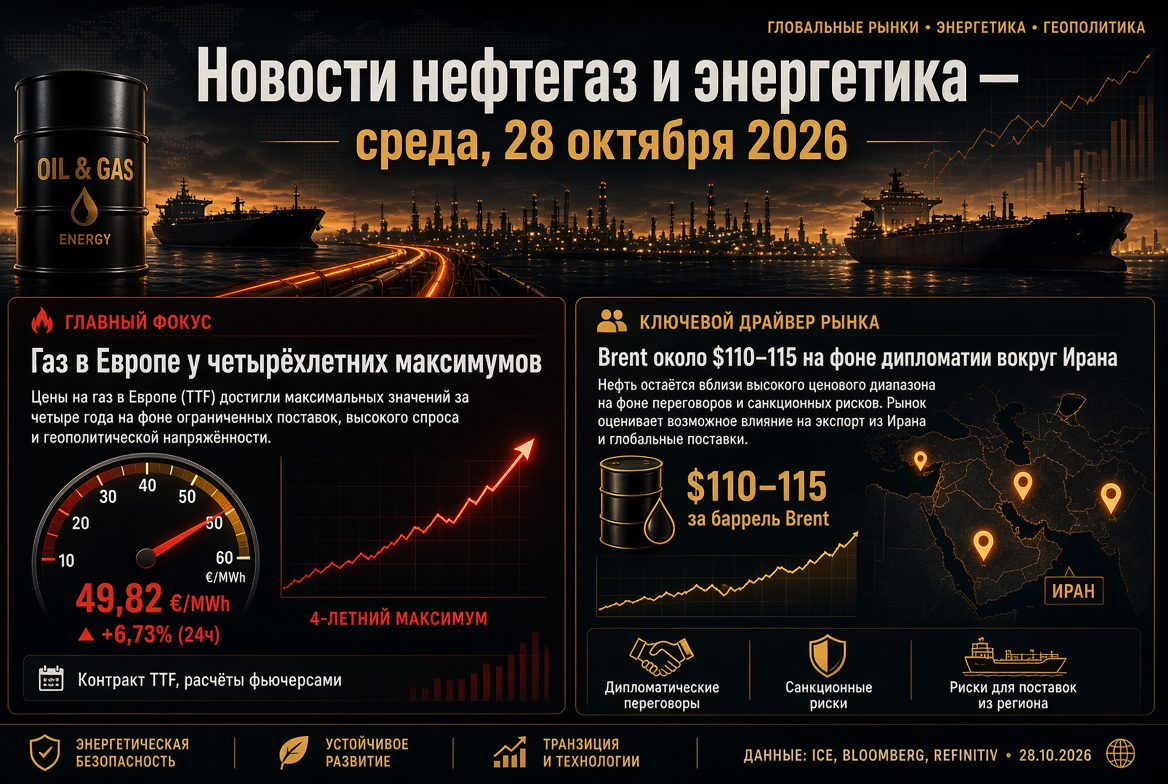 Notícias de petróleo e energia - quarta-feira, 28 de outubro de 2026: gás na Europa em máximas de quatro anos, Brent perto de US$ 110–115 em meio à diplomacia em torno do Irã.