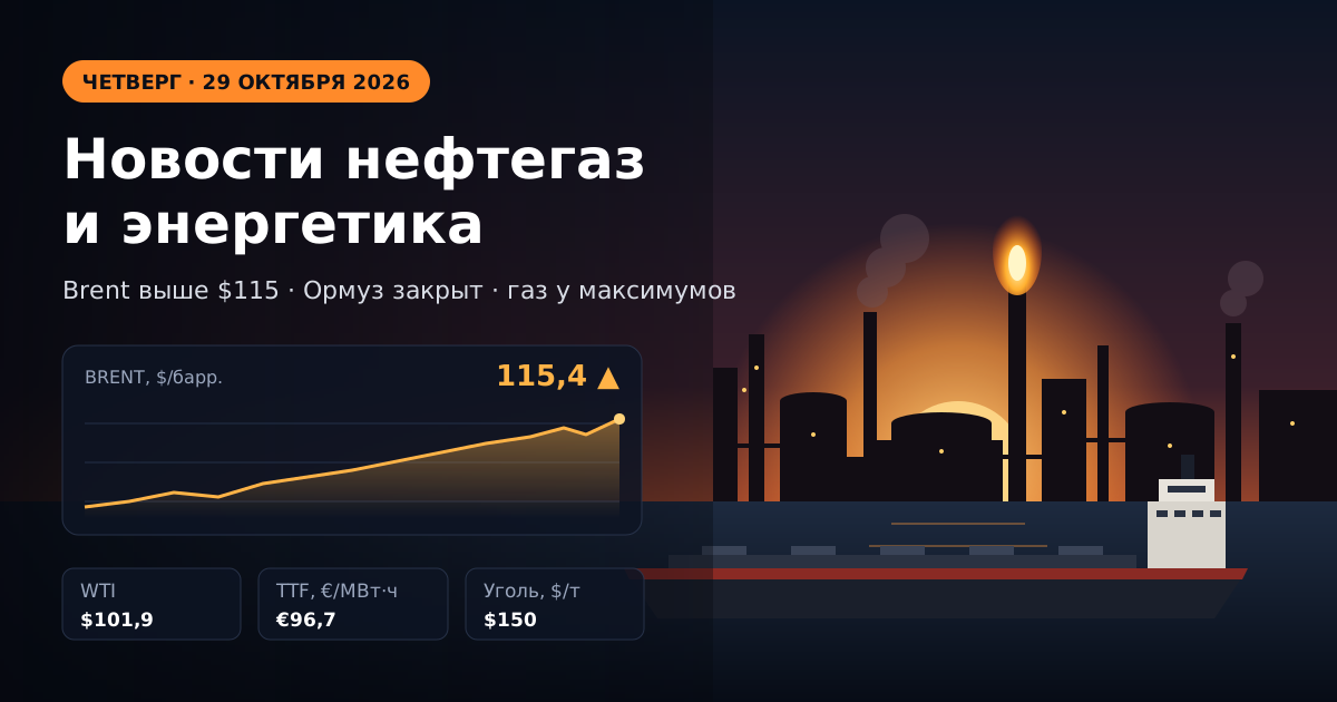 Notícias de petróleo, gás e energia — quinta-feira, 29 de outubro de 2026: Brent acima de US$ 115 após ataque dos houthis a Ras Tanura, gás na Europa nos máximos desde 2022