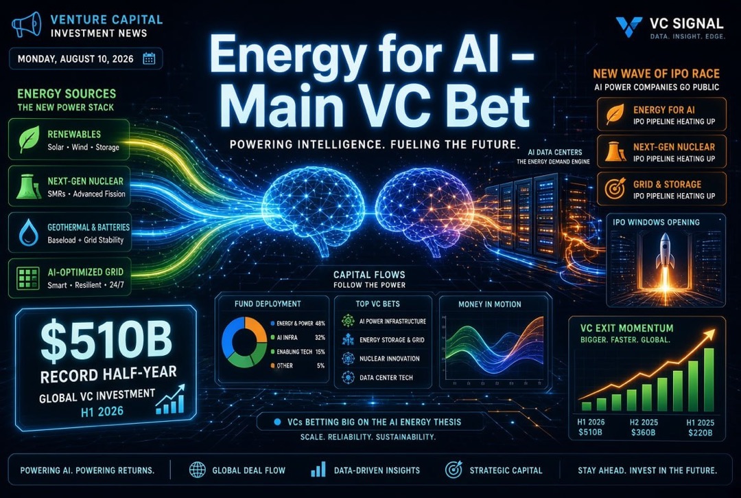 Notícias de startups e investimentos de risco — segunda-feira, 10 de agosto de 2026: energia para IA se torna a principal aposta de risco, recorde de $510 bilhões no semestre e uma nova onda de IPO.