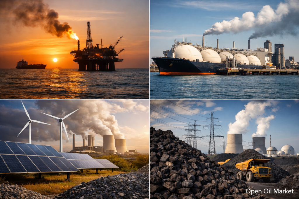 Mercado energético mundial petróleo gás GNL eletricidade energias renováveis carvão refinarias 1º de abril de 2026