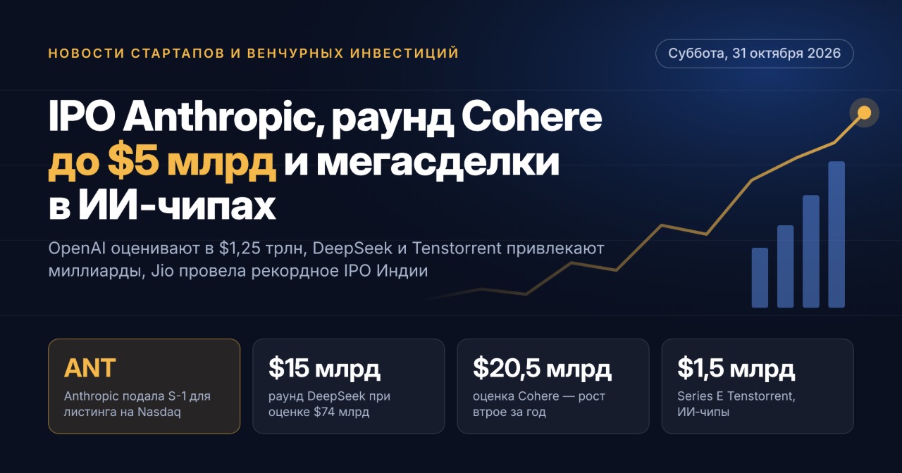 Notícias de startups e investimentos de risco — sábado, 31 de outubro de 2026: IPO da Anthropic, rodada da Cohere de até US$ 5 bilhões e megadeals em chips de IA