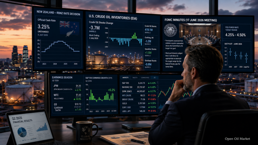 Eventos econômicos e relatórios corporativos, quarta-feira 8 de julho de 2026: taxa RBNZ, estoques de petróleo EIA e atas do FOMC
