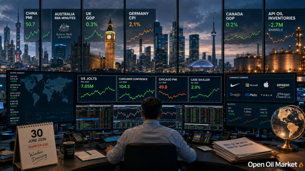 Eventos econômicos e relatórios corporativos 30 de junho de 2026: PMI da China, CPI da Alemanha, JOLTS dos EUA, relatórios da Nike e estoques de petróleo API.