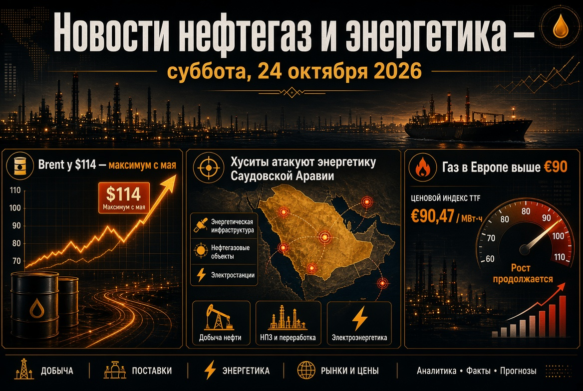 Notícias de petróleo e gás e energia — sábado, 24 de outubro de 2026: Brent a US$114 — máximo desde maio, houthis atacam a energia da Arábia Saudita, gás na Europa acima de €90