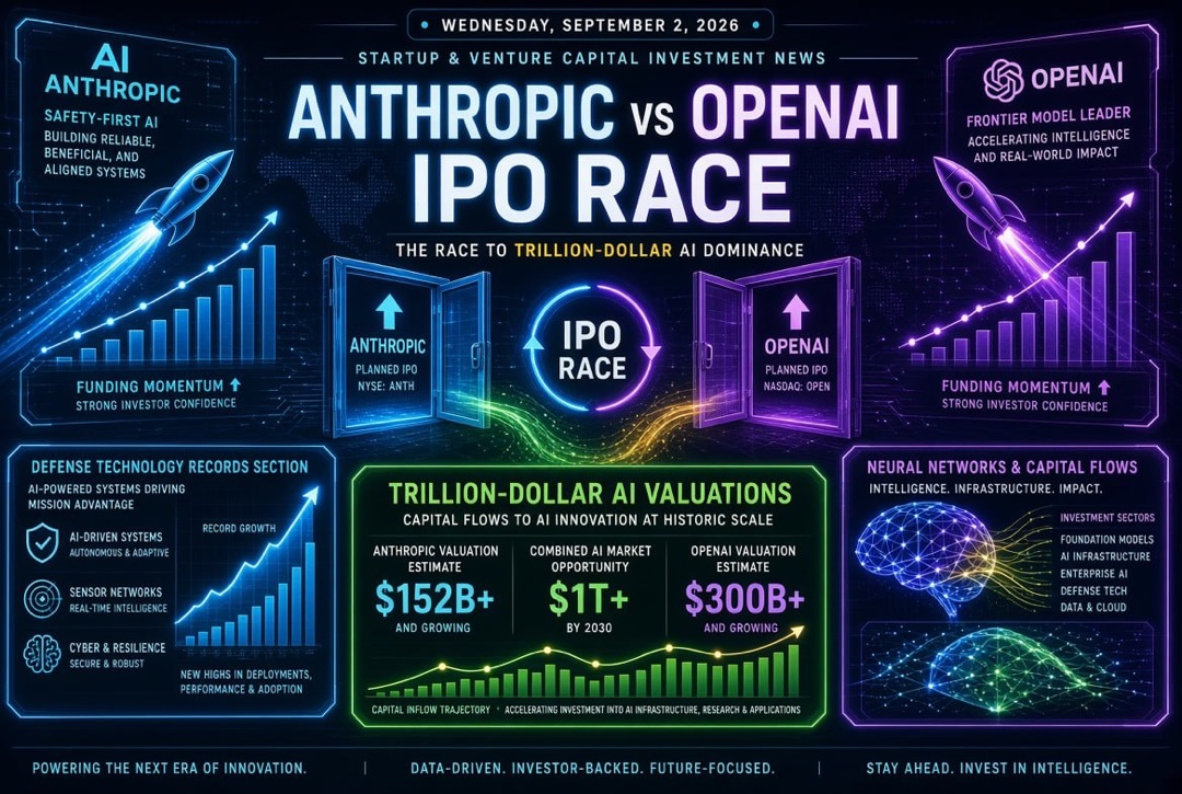 Notícias de startups e investimentos de venture capital — quarta-feira, 2 de setembro de 2026: a corrida pelo IPO da Anthropic e da OpenAI, avaliações de IA na casa do trilhão e recordes em tecnologia de defesa