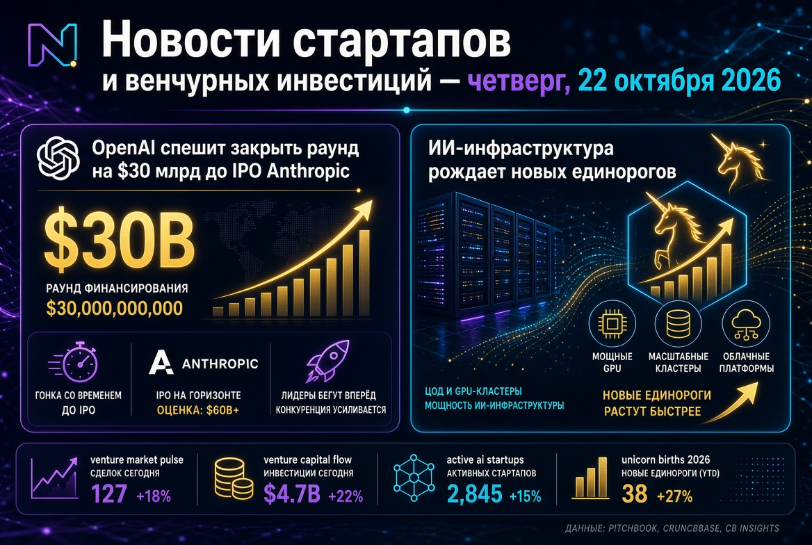Notícias sobre startups e investimentos de risco — quinta-feira, 22 de outubro de 2026: A OpenAI se apressa para fechar uma rodada de US$ 30 bilhões antes do IPO da Anthropic, enquanto a infraestrutura de IA gera novos unicórnios.