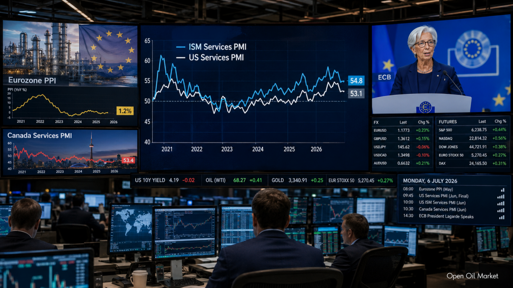 Calendário econômico para 6 de julho de 2026: ISM Serviços PMI EUA, PPI da zona do euro, PMI do Canadá, fala da presidente do BCE Christine Lagarde e a reação dos investidores.