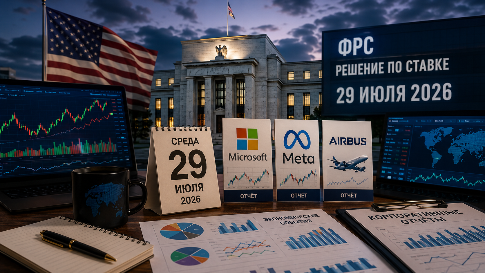 Eventos econômicos e relatórios corporativos: quarta-feira, 29 de julho de 2026 — decisão do Fed sobre a taxa, relatórios da Microsoft, Meta e Airbus