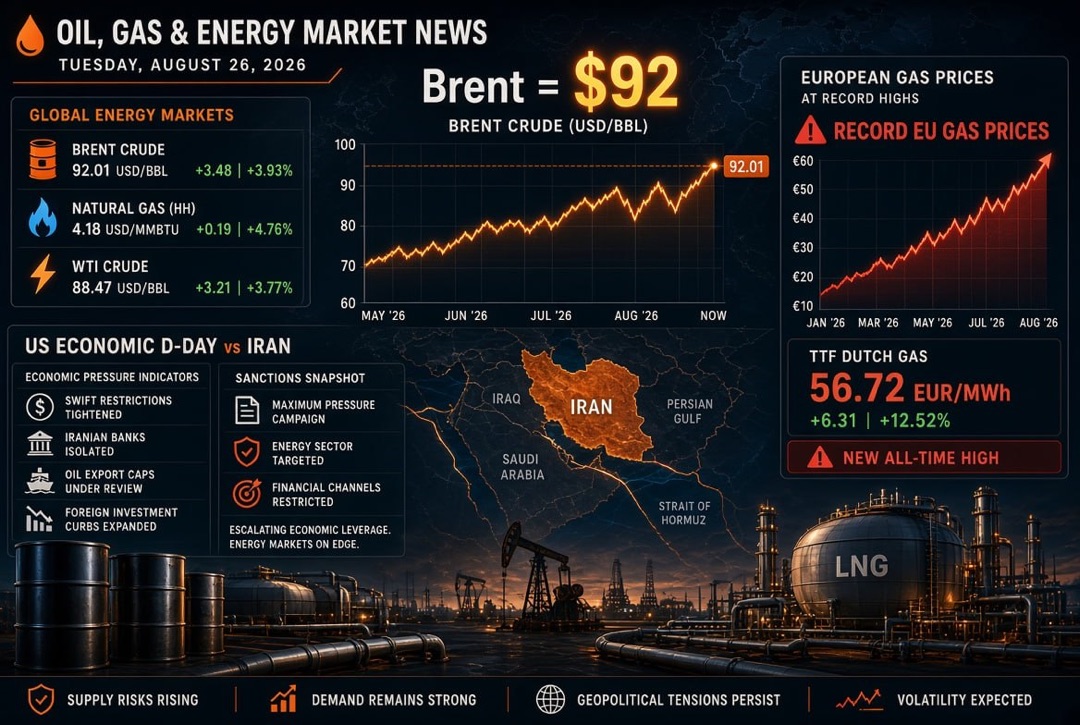 Notícias de petróleo e gás e energia — terça-feira, 26 de agosto de 2026: "D-Day econômico" dos EUA contra o Irã, Brent a $92 e preços recordes do gás na Europa.