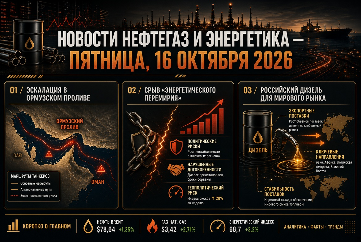 Notícias de petróleo e gás e energia — sexta-feira, 16 de outubro de 2026: escalada no Estreito de Ormuz, ruptura do "cessar-fogo energético" e diesel russo para o mercado global