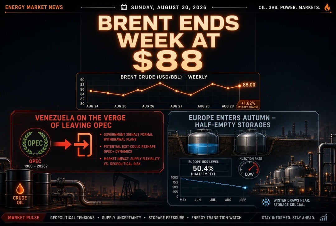 Notícias de petróleo e gás e energia — domingo, 30 de agosto de 2026: Venezuela à beira de sair da OPEP, Brent encerra a semana em $88, Europa entra no outono com UGS semi-vazias