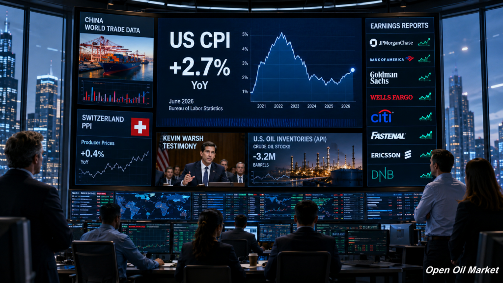 Mercados globais em 14 de julho de 2026 — CPI dos EUA, estatísticas da China, estoques de petróleo API e relatórios de JPMorgan, Bank of America, Goldman Sachs, Wells Fargo e Citigroup.