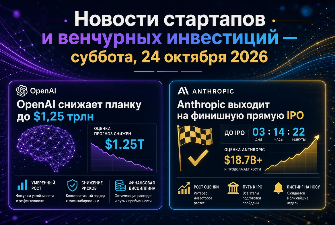 Notícias de startups e investimentos de risco — sábado, 24 de outubro de 2026: OpenAI reduz a avaliação para $1,25 trilhão, enquanto Anthropic se aproxima do IPO.