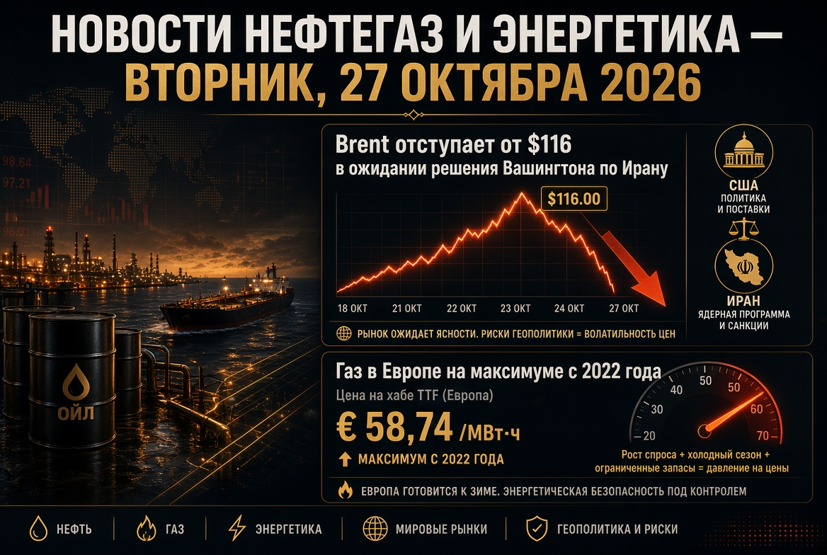 Notícias petróleo e energia — terça-feira, 27 de outubro de 2026: Brent recua de $116 na expectativa da decisão de Washington sobre o Irã, gás na Europa em máxima desde 2022