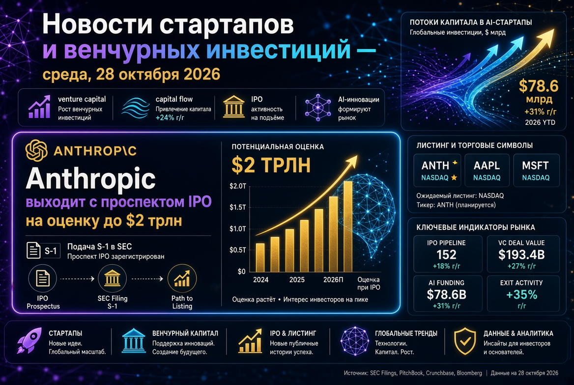 Notícias sobre startups e investimentos de risco — quarta-feira, 28 de outubro de 2026: Anthropic apresenta o prospecto da IPO com avaliação de até US$ 2 trilhões